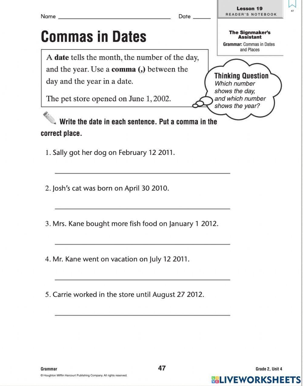 Commas In Dates Worksheet Free Printable PDF For Kids Worksheets Library