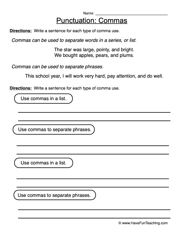 Commas Punctuation Worksheet Have Fun Teaching