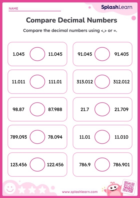 Compare Decimals Upto Thousandths Printable Math Worksheet 