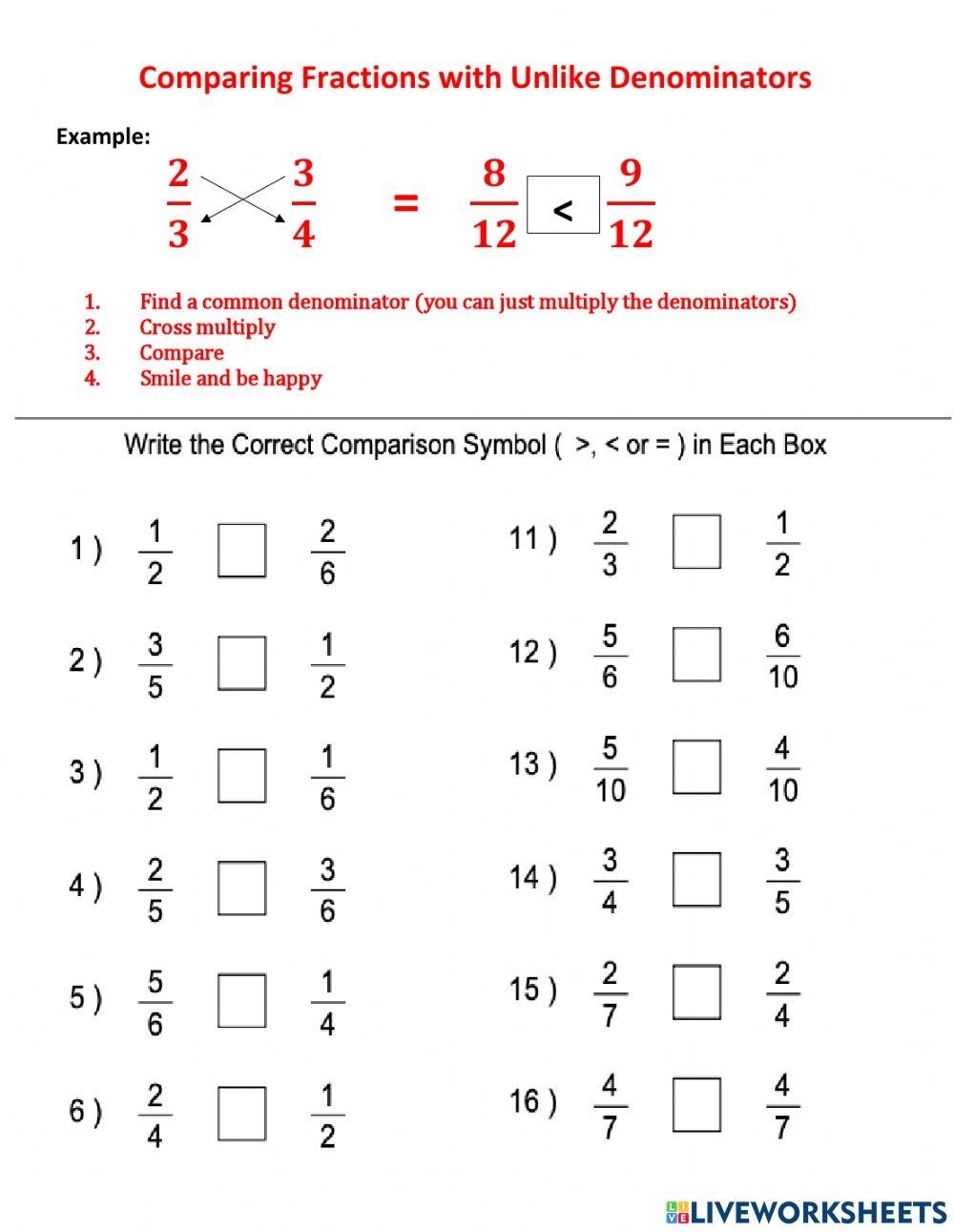 Compare Fractions With Unlike Denominators Interactive Worksheet