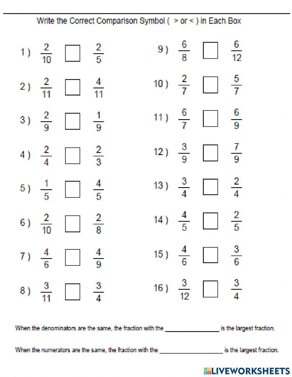 comparing fractions worksheet 4th grade