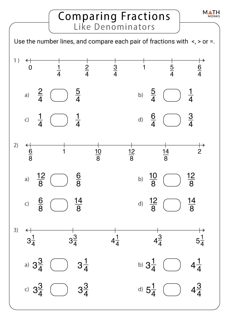 comparing fractions with unlike denominators worksheet