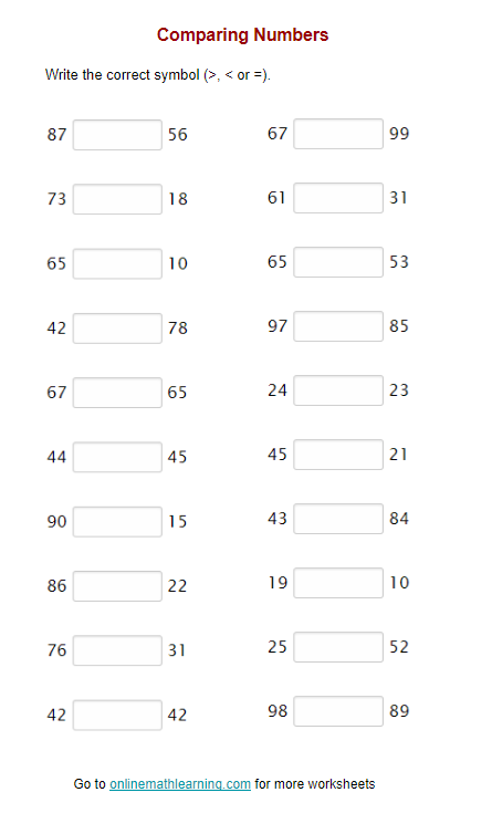 Comparing Numbers Worksheets First Grade Printable Worksheets Library