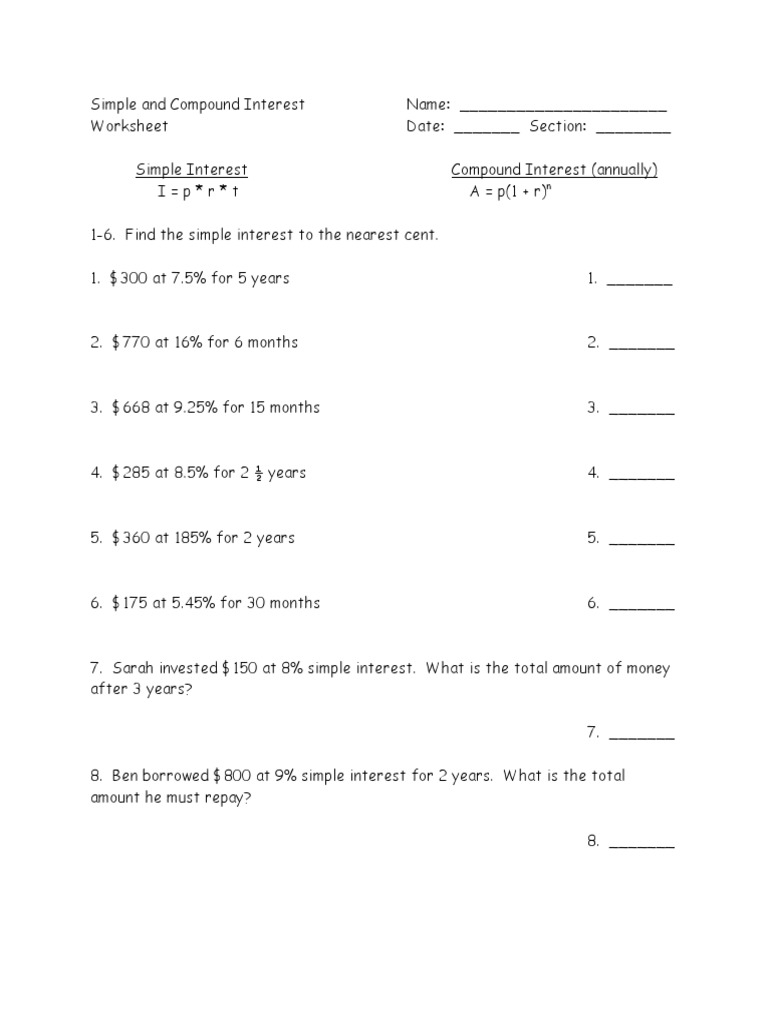 Comparing Simple And Compound Interest Practice Worksheets Made 
