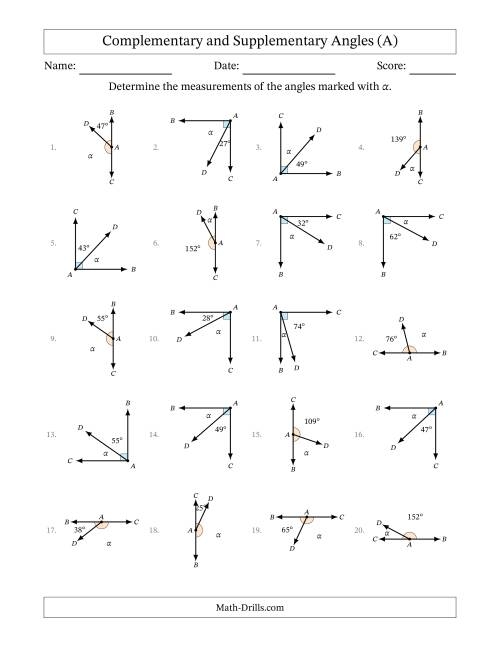 worksheet on supplementary and complementary angles