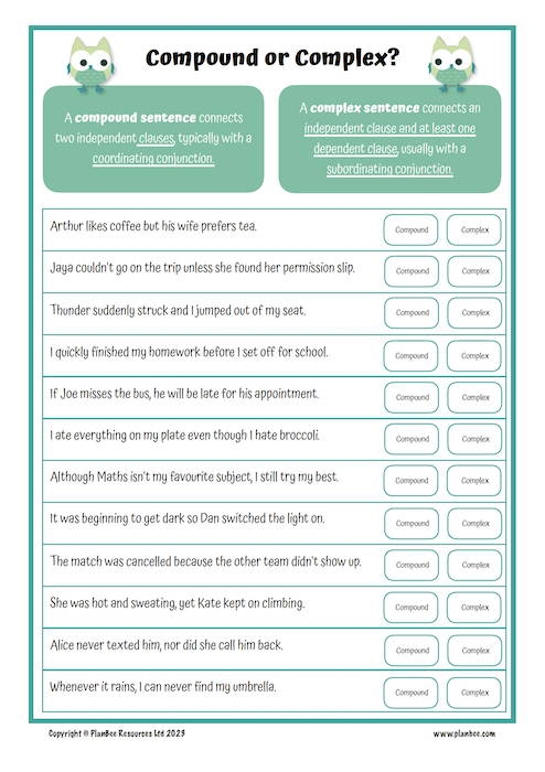 complex simple and compound sentences worksheet