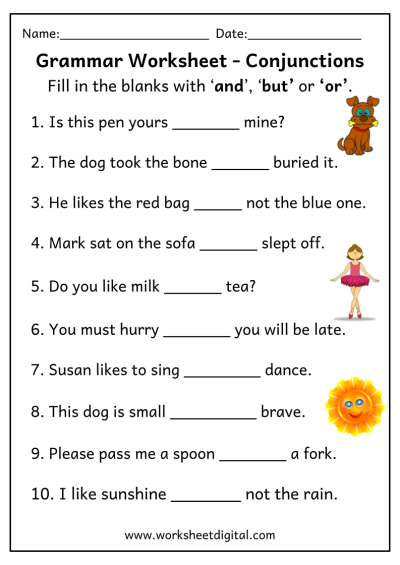 Conjunctions Printable Worksheets For Grade 1 Kidpid Worksheets Library