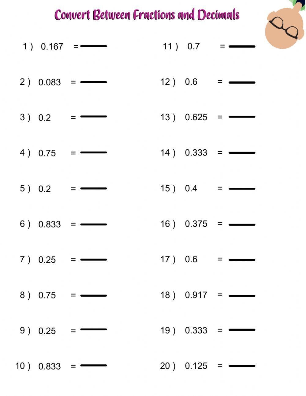 changing fractions to decimals and decimals to fractions worksheets