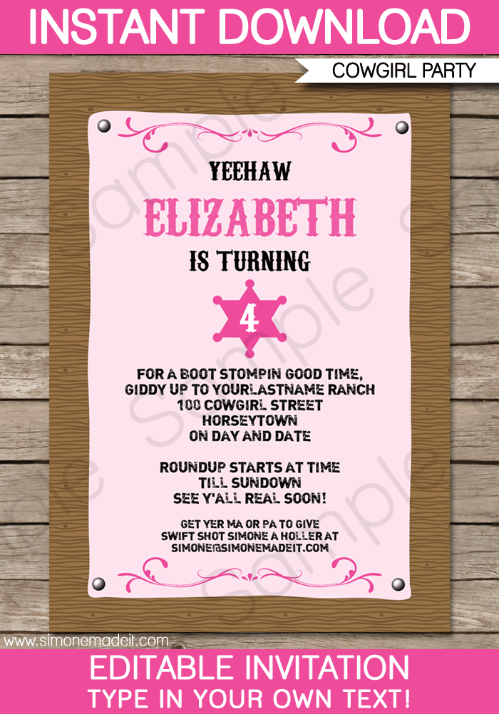 Cowgirl Party Invitations Template Printable Birthday Party Invite