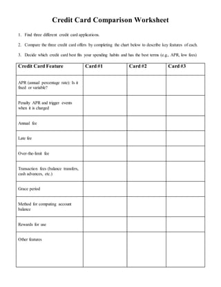 Credit Card Comparison Online Exercise For Live Worksheets 