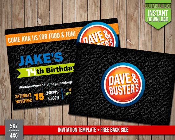 DAVE BUSTERS Invitation Dave And Busters Invite Editable Text PDF