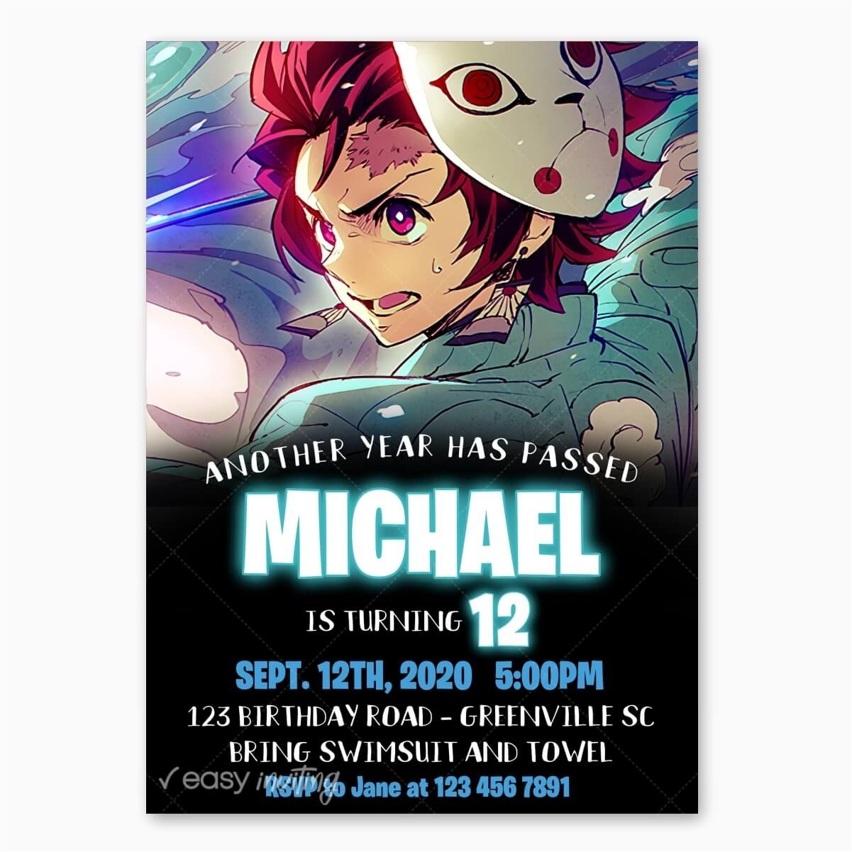 Demon Slayer Tanjiro Birthday Invitation We Edit It For You 24hrs