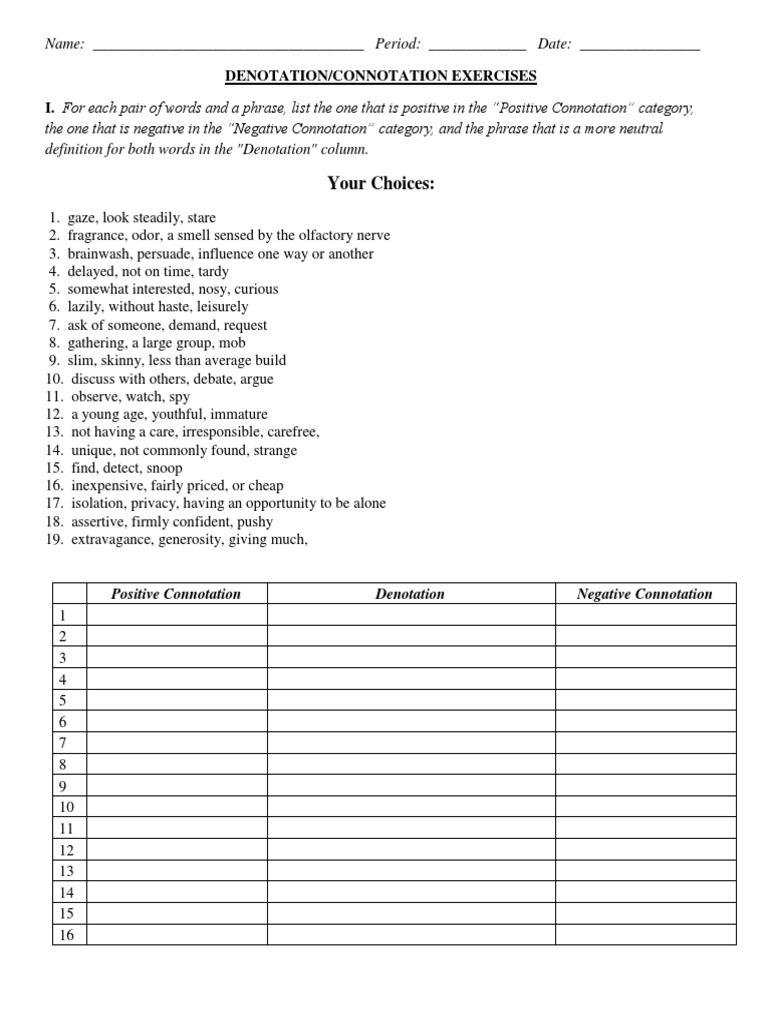 connotation and denotation worksheet