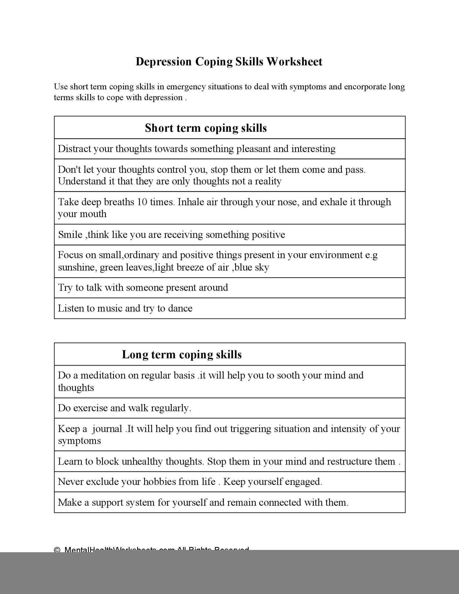 worksheets for coping skills