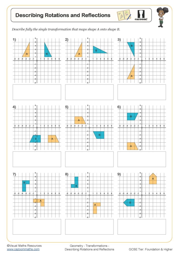 Describing Rotations And Reflections Worksheet Cazoom Maths