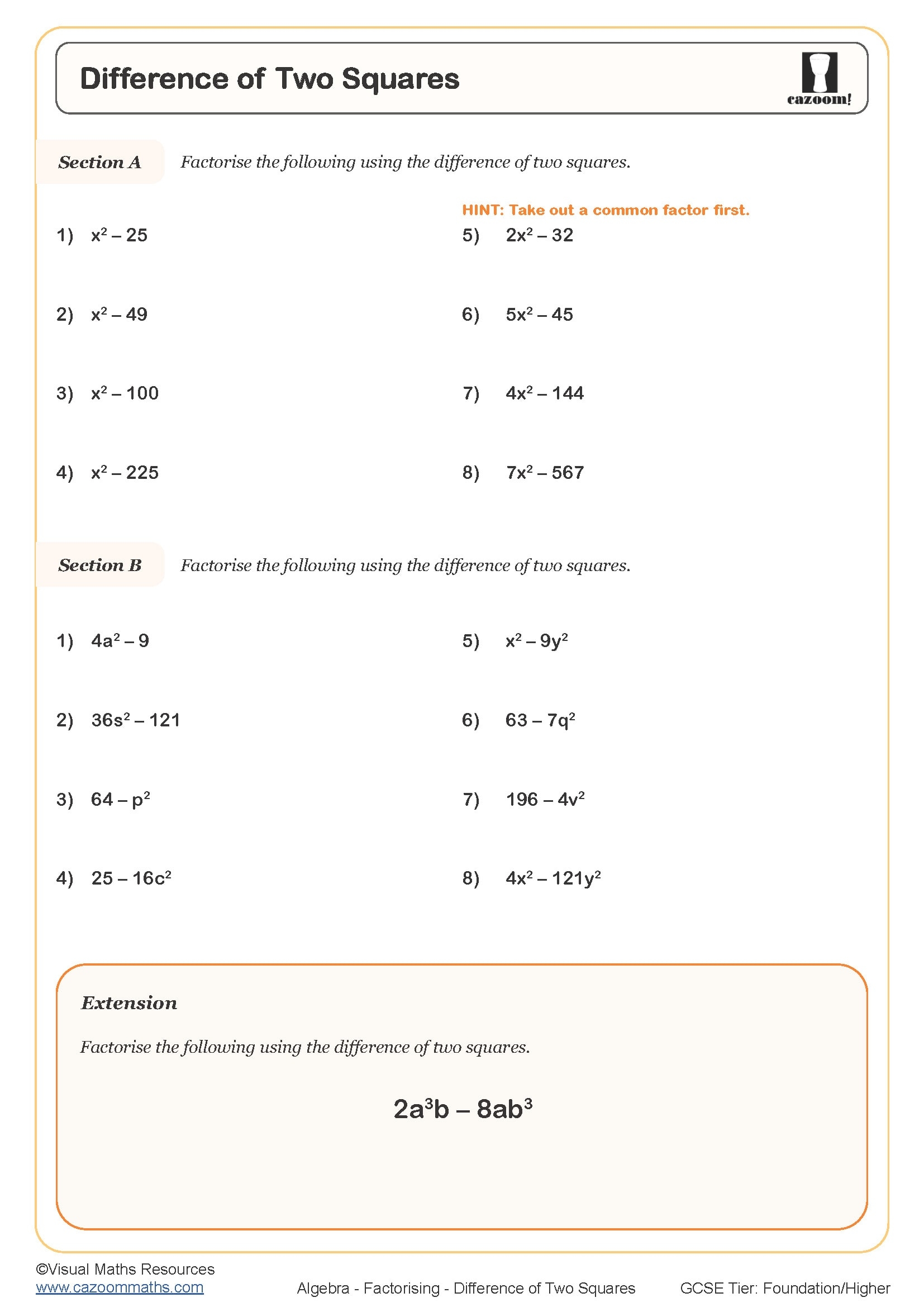 Difference Of Two Squares Minimally Different Worksheets Library