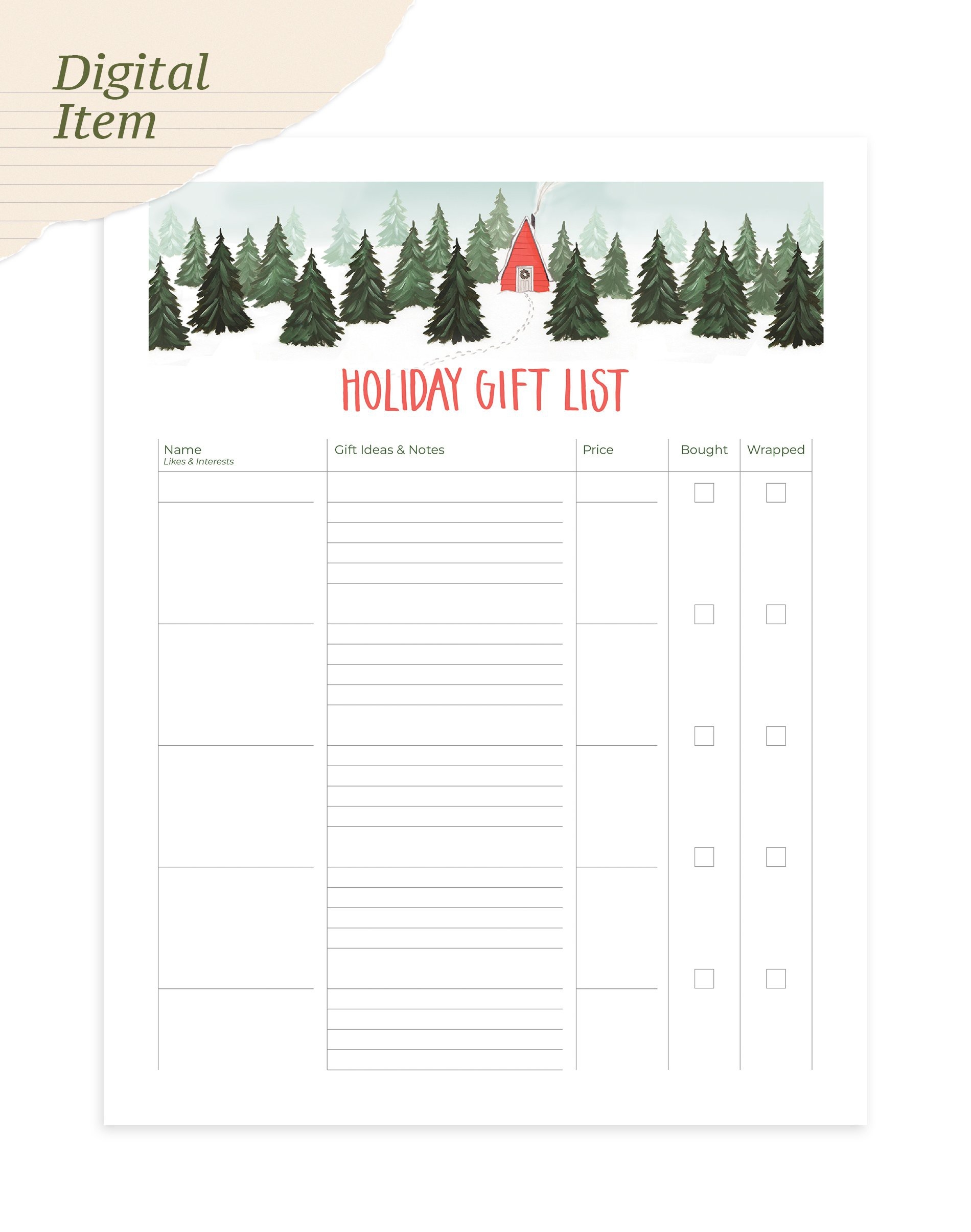 Digital Printable Holiday Gift List 1canoe2