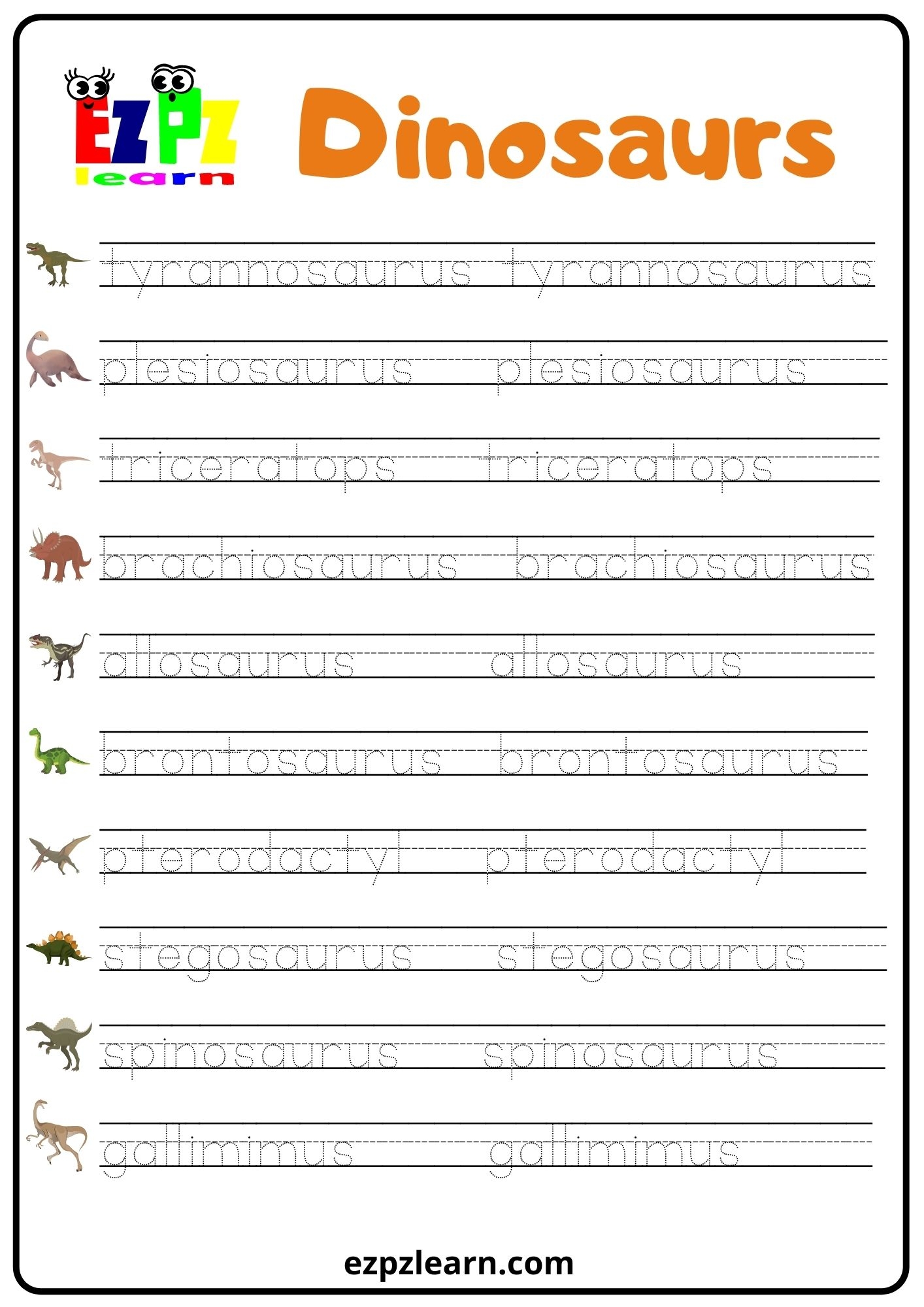 Dinosaurs Word Tracing Worksheet Ezpzlearn