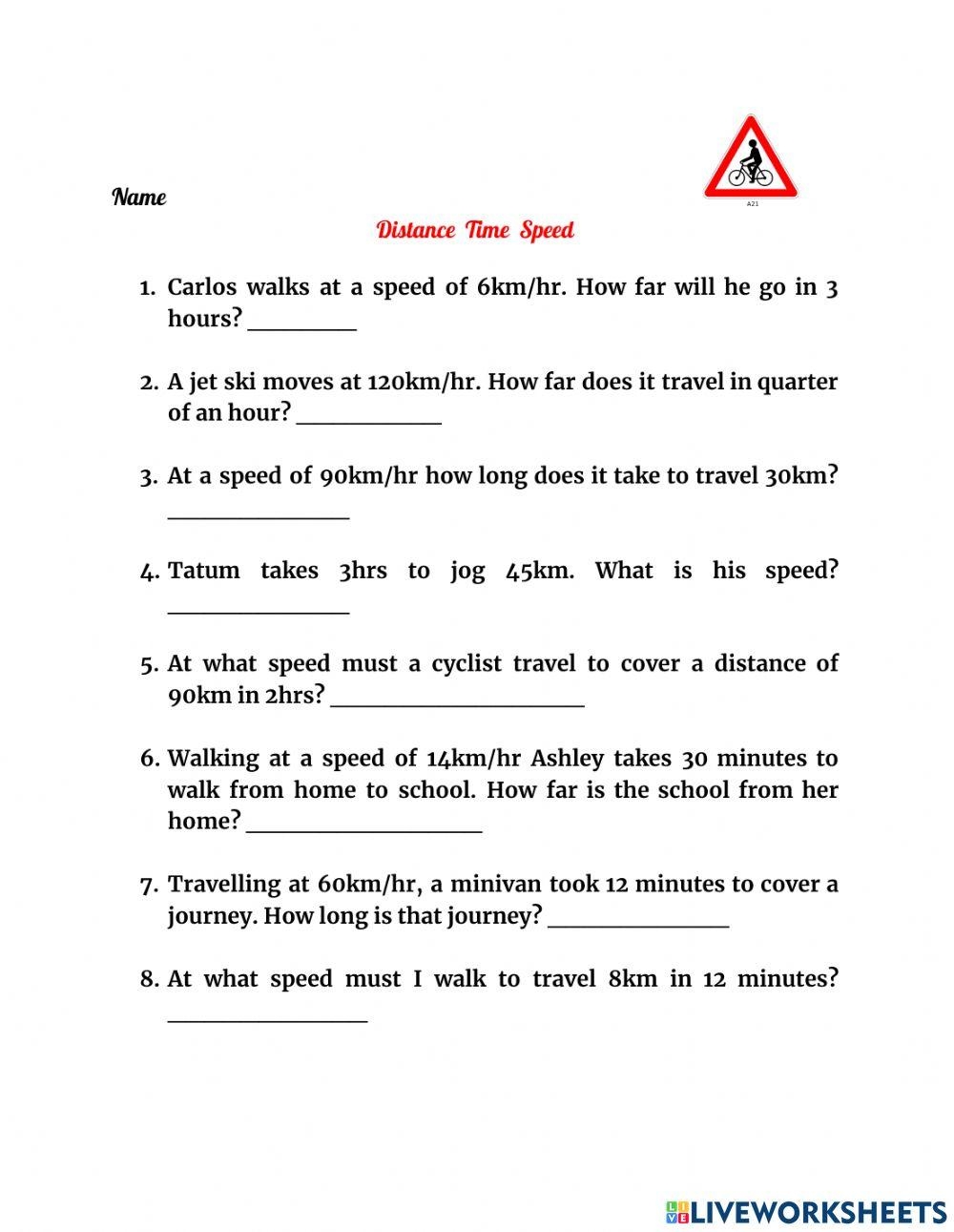 speed distance time worksheet