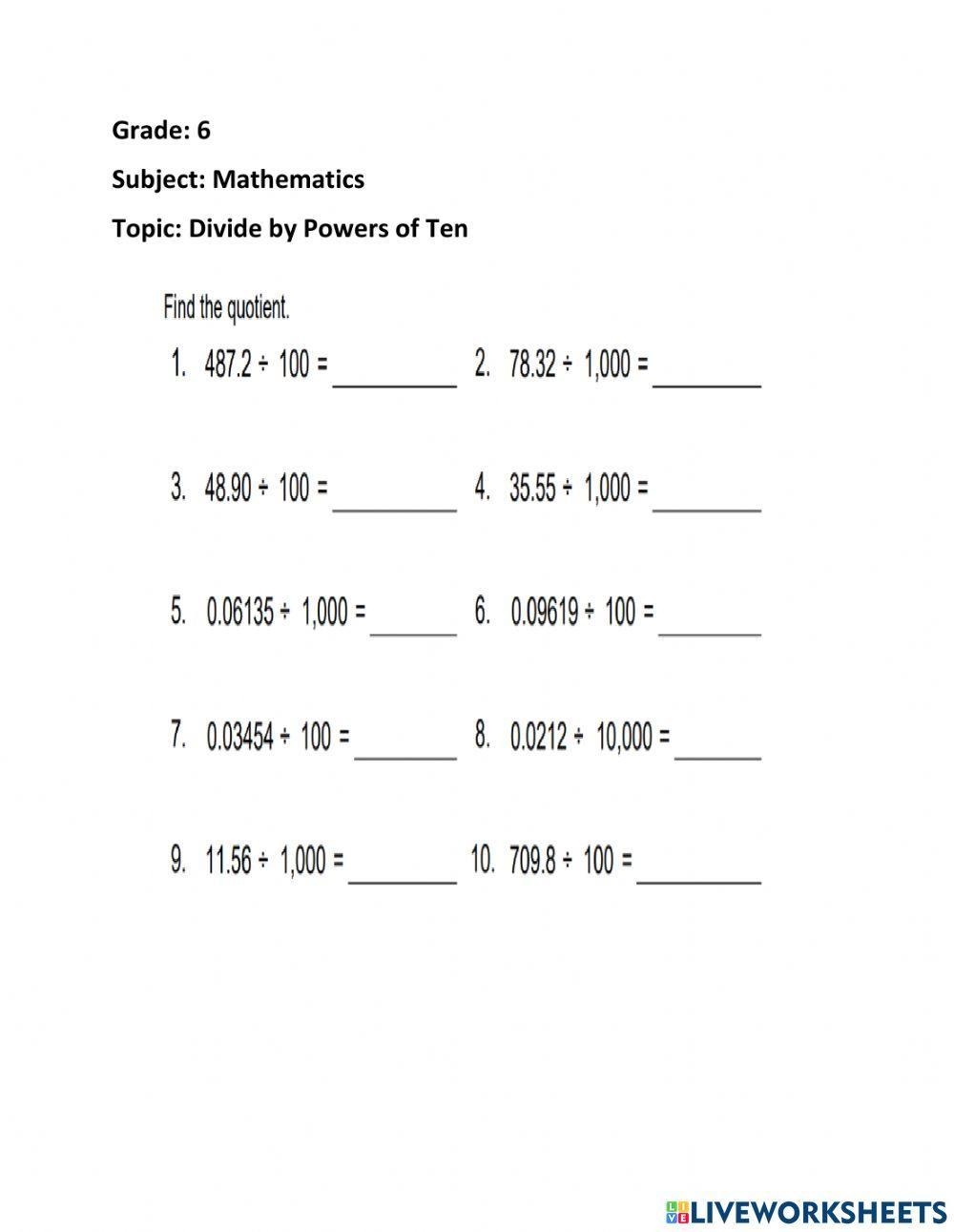 Divide By Powers Of Ten Worksheet Live Worksheets Worksheets Library