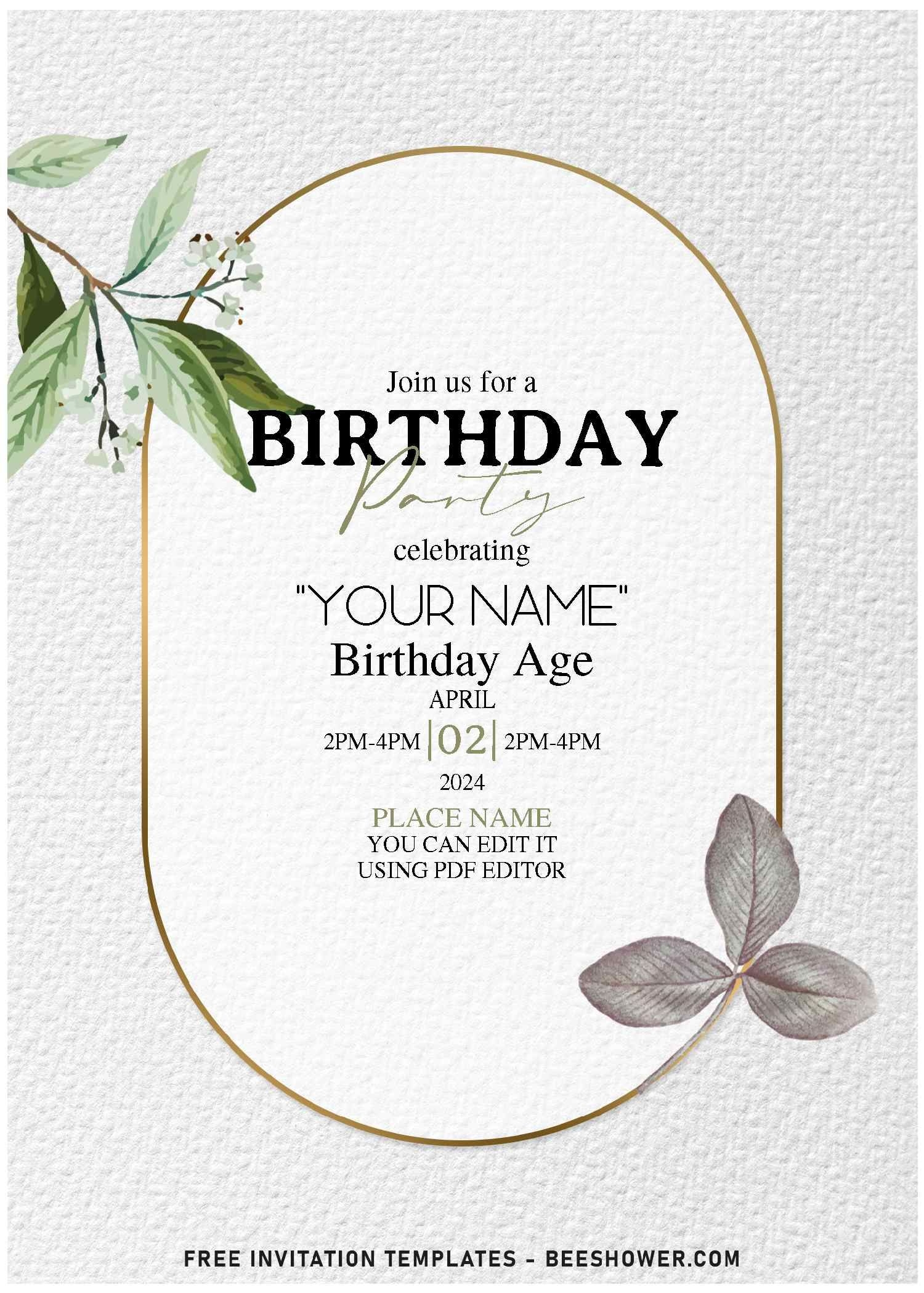 Download Free Editable PDF Classy Botanical Garden Leaf Birthday 