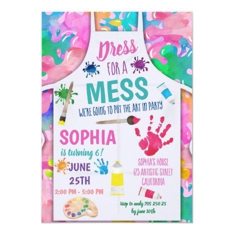 Dress For A Mess Painting Party Art Girl Birthday Invitation Zazzle