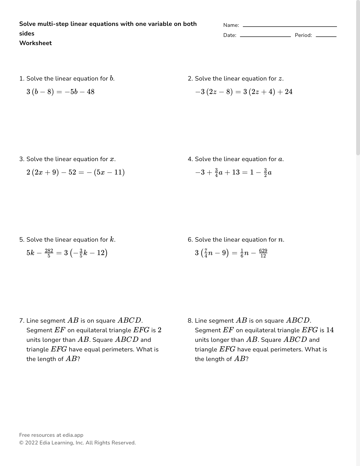 variables on both sides worksheet