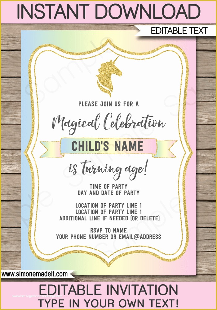 Editable Birthday Invitations Templates Free Of Unicorn Party