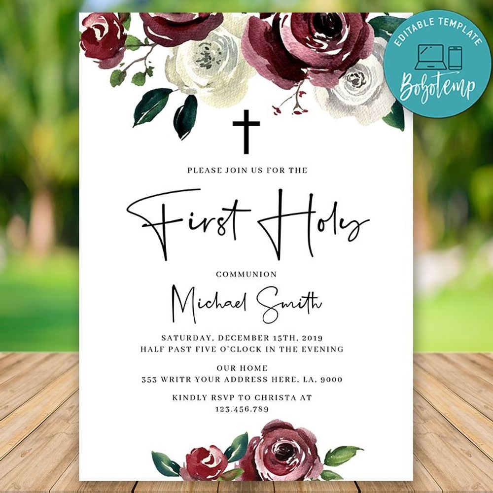Editable Burgundy Floral First Holy Communion Invitation Template 