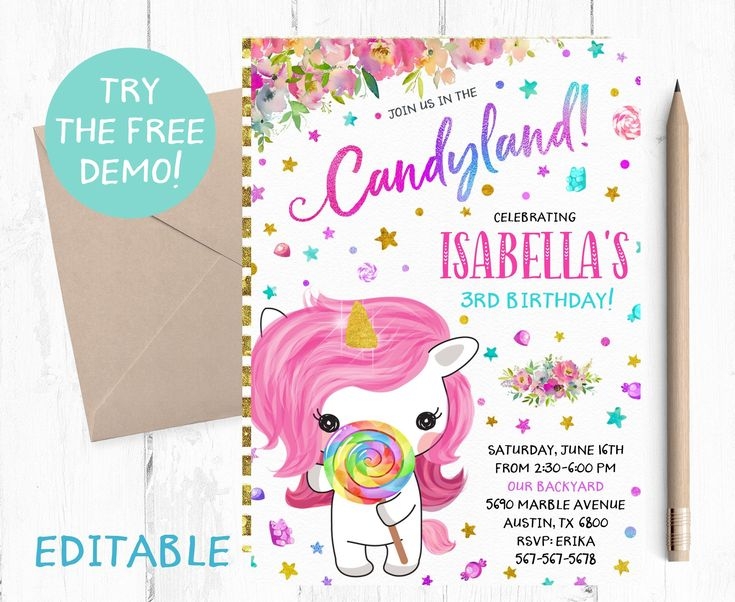 Editable Candyland Invitation Editable Unicorn Candyland Unicorn 