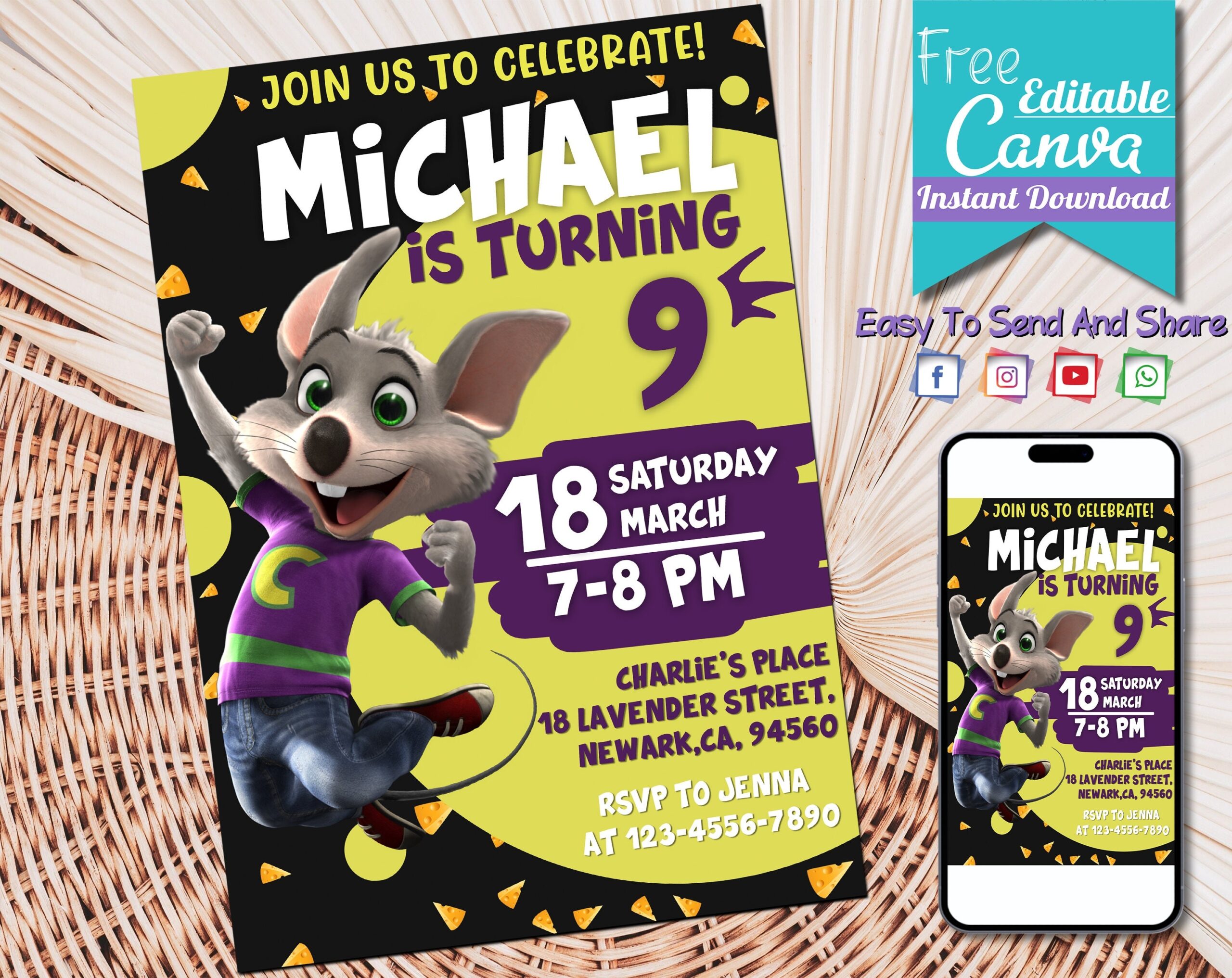 Editable Chuck E Cheese Birthday Invitation Template Printable Jethro 