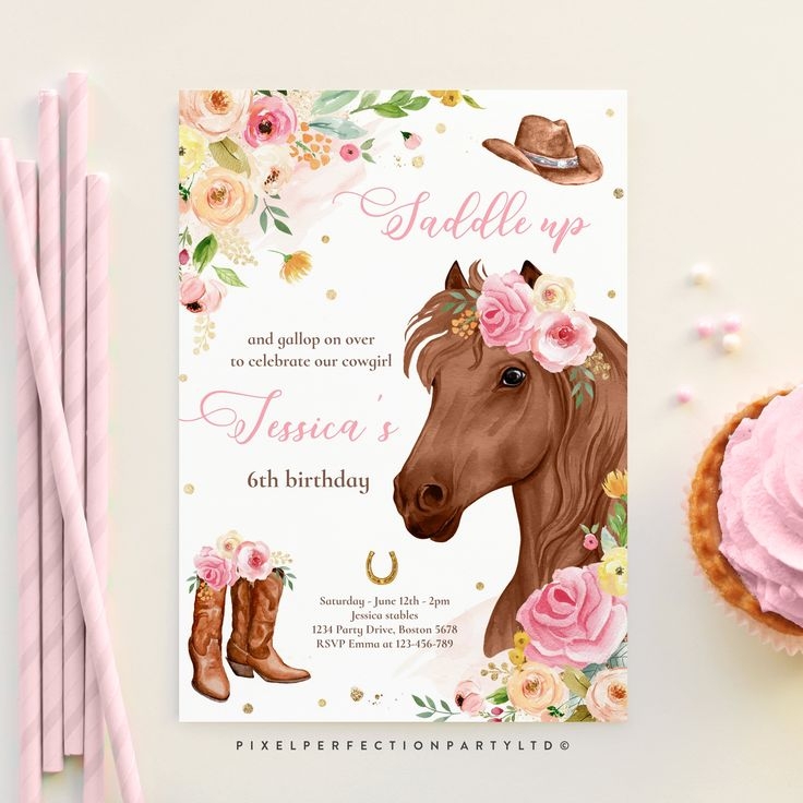 Editable Cowgirl Birthday Invitation Horse Birthday Party Invitation