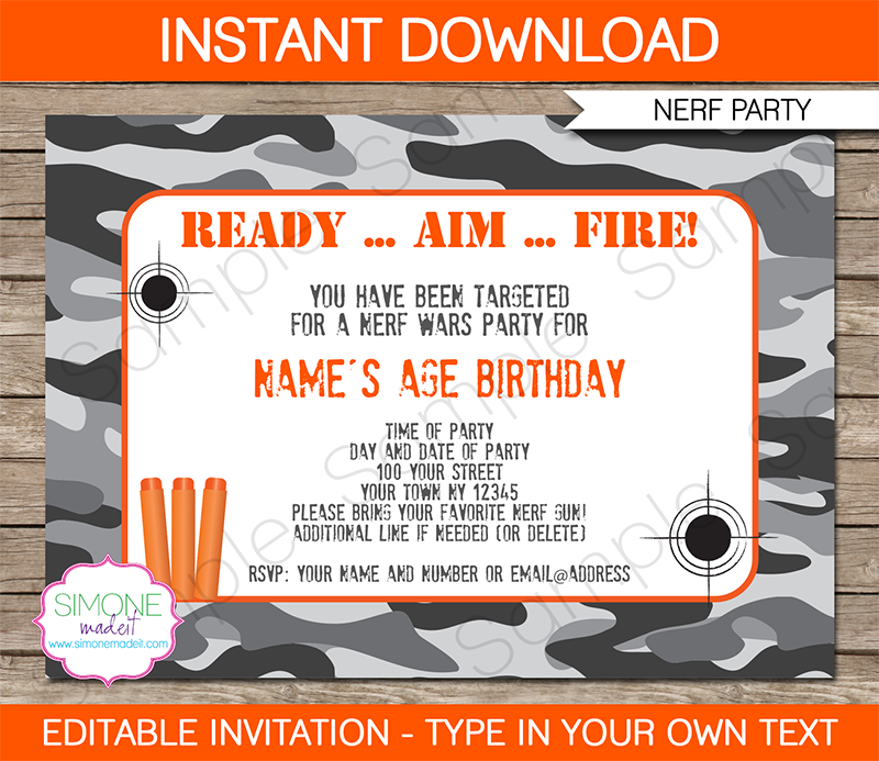 editable free printable nerf gun party invitations template free
