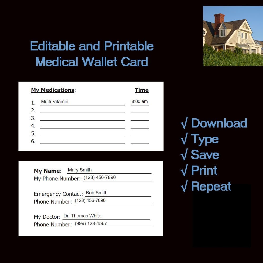 Editable Medical Wallet Card Printable And Fillable Stationery Items 