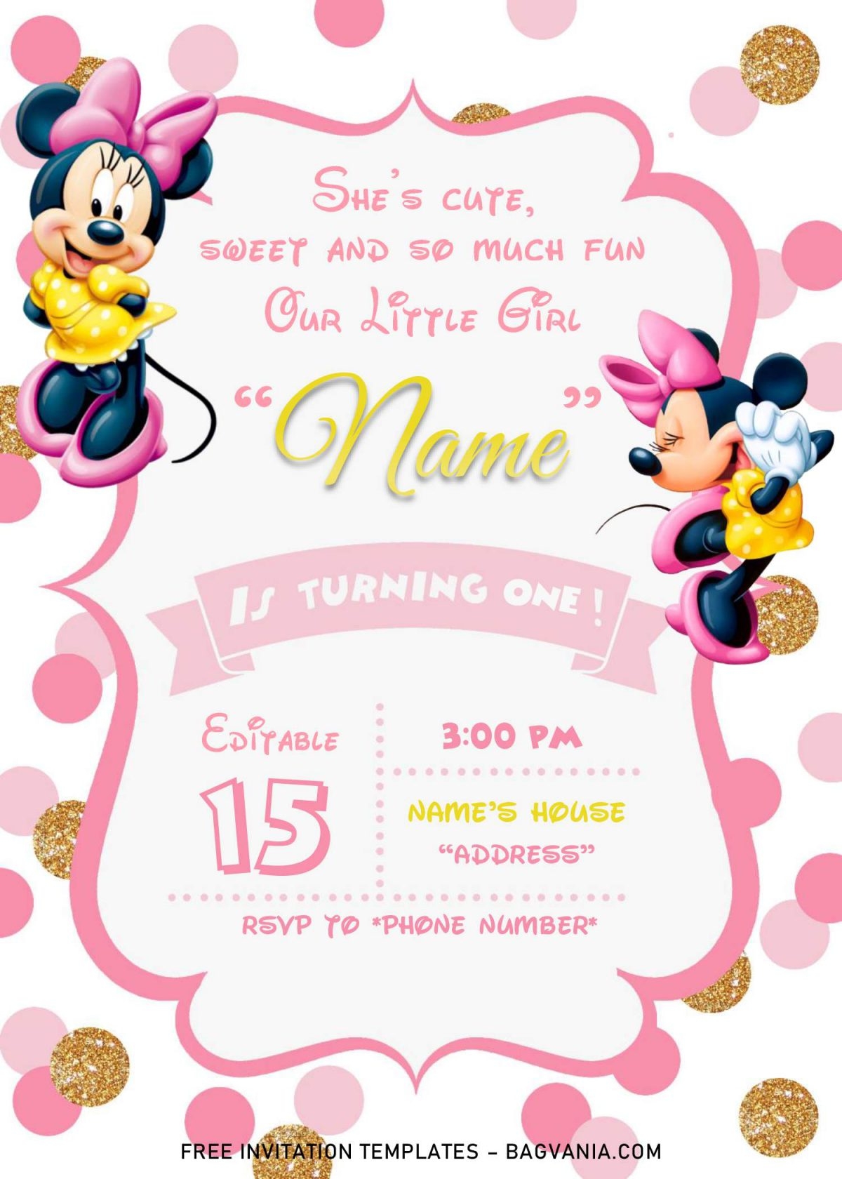 Editable Pink And Gold Minnie Mouse Invitation Template