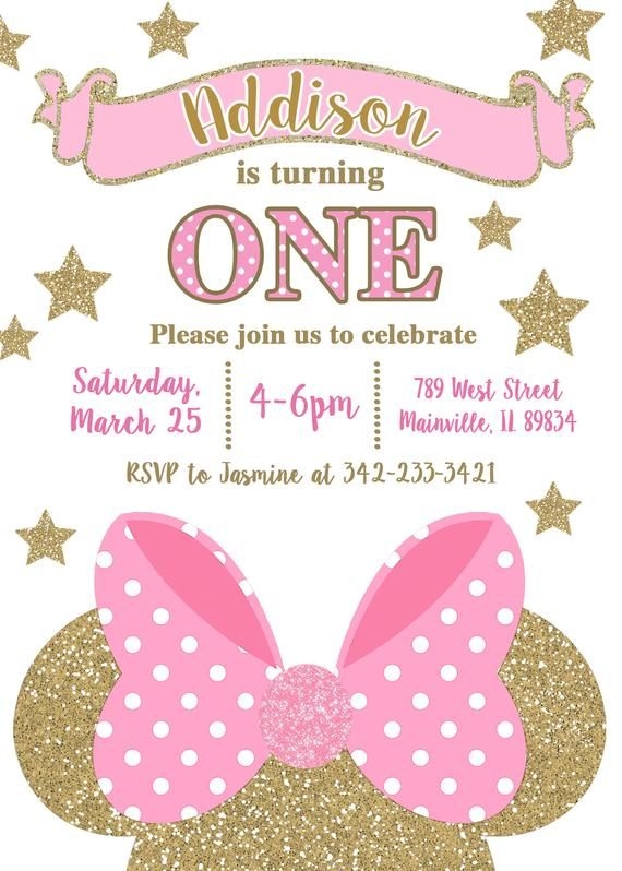 Editable Pink And Gold Minnie Mouse Invitation Template