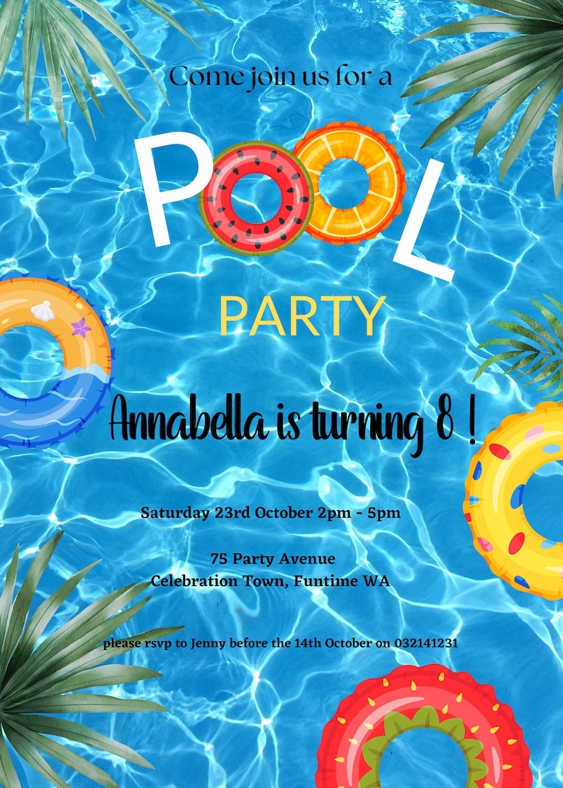 Editable Pool Party Invitation Template Pool Birthday Party Instant 