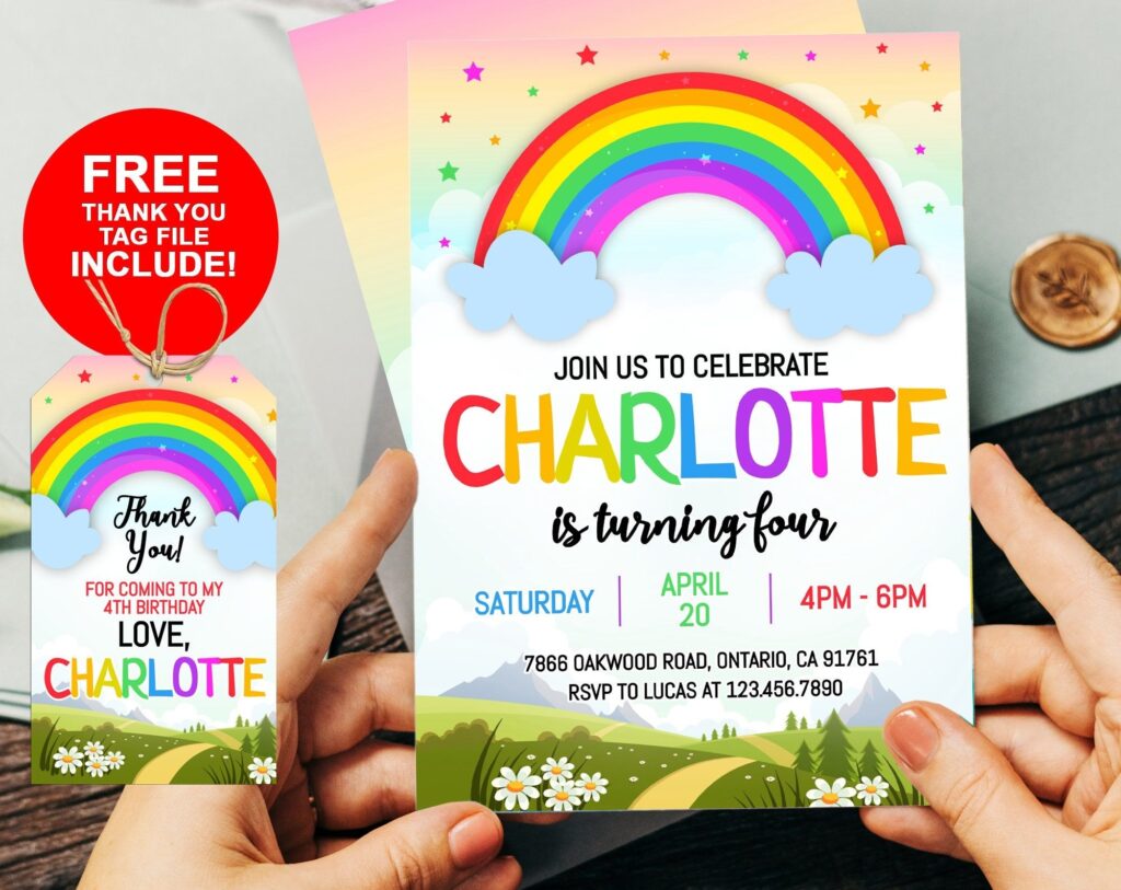 Editable Rainbow Birthday Invitation 5 7 Rainbow Invitation Rainbow