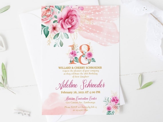 Editable Rustic 18th Birthday Invitation Template Blush Pink Floral 