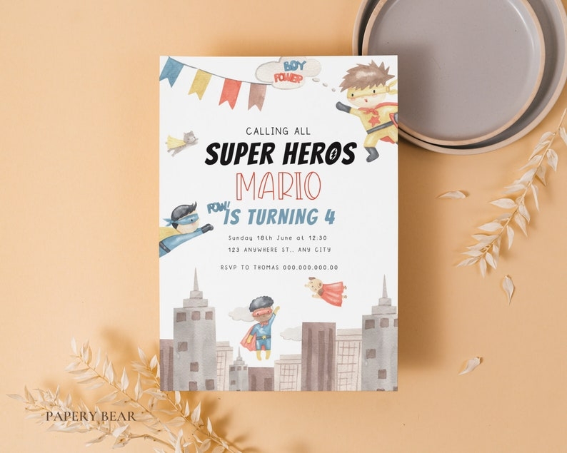 Editable Superhero Invitation Superhero Birthday Watercolor Superhero 