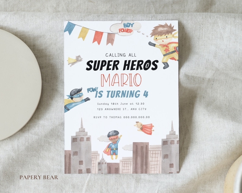 Editable Superhero Invitation Superhero Birthday Watercolor Superhero 