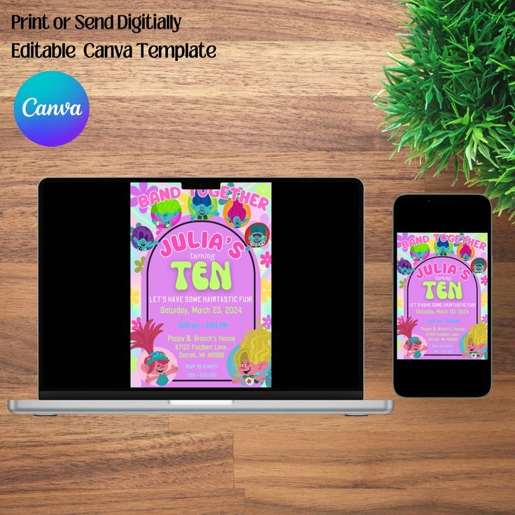 Editable Trolls Invitation Template Trolls Birthday Party Invitation 
