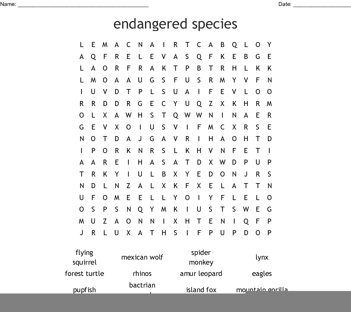 Endangered And Extinct Animals Worksheet Printable Word Search 