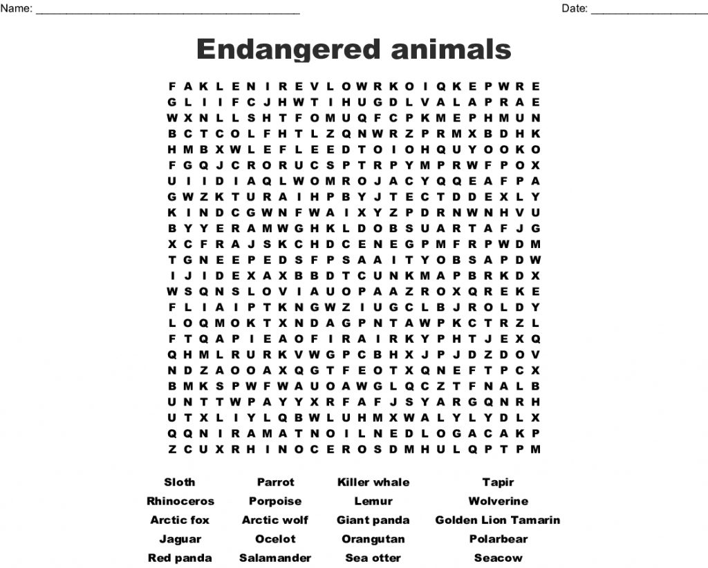 Endangered And Extinct Animals Worksheet Printable Word Search 