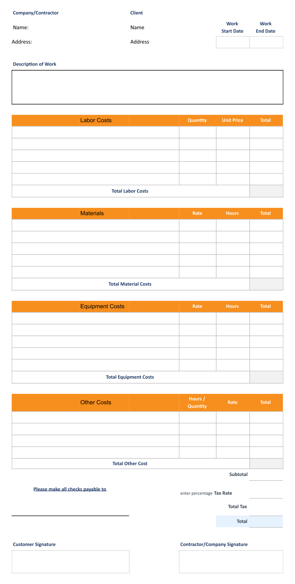 free printable estimate templates