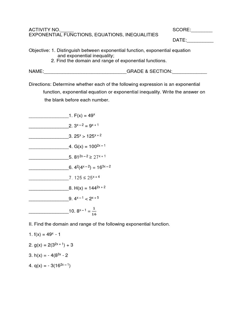 Exponential Functions Activity Sheets PDF Exponential Function 