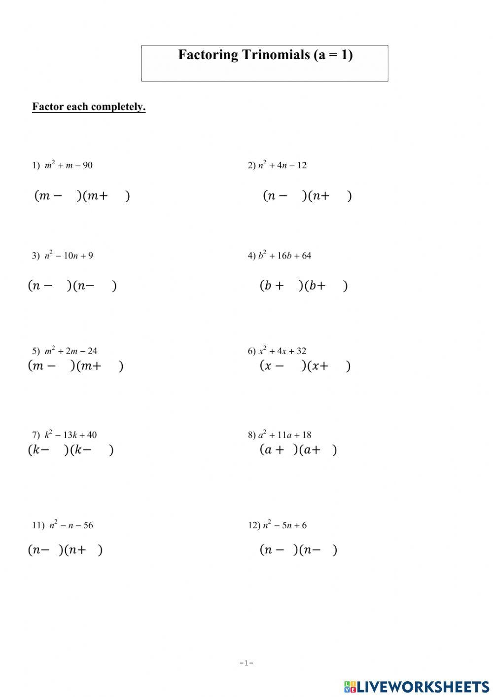 trinomial factoring worksheet