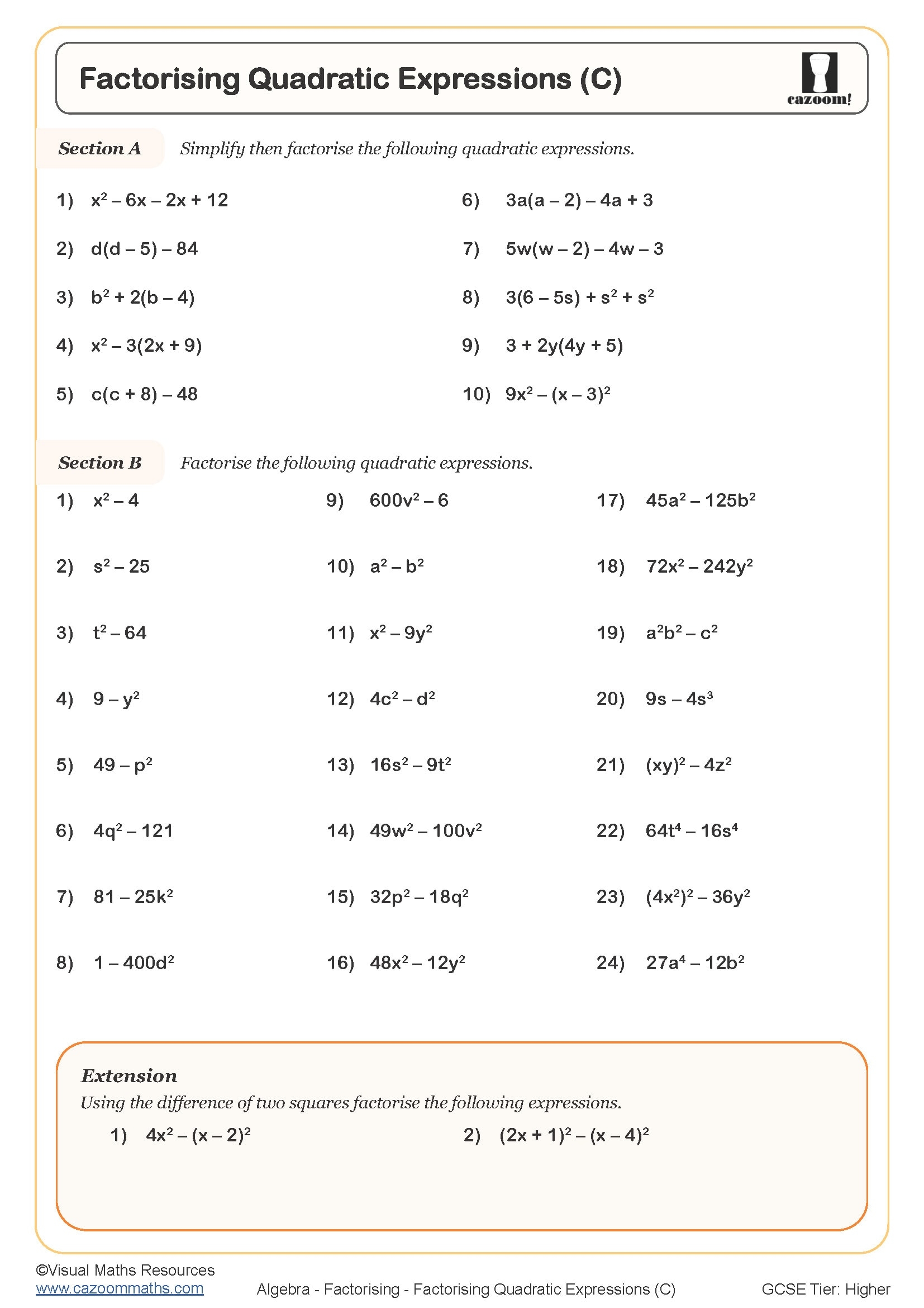 solving quadratics equations by factoring worksheet