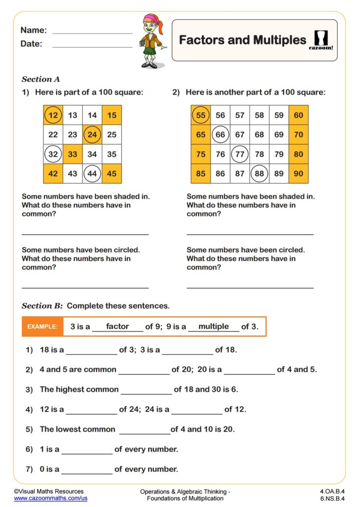Factors And Multiples PDF Printable Operations And Algebraic