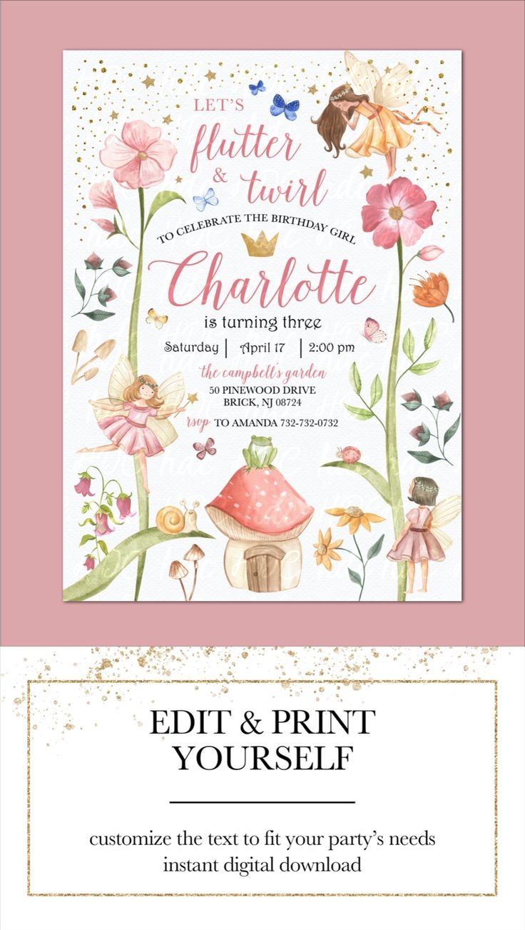 Fairy Princess Birthday Invitation Whimsical Fairytale Enchanted 